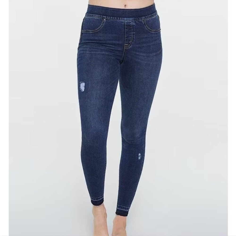 Spanx Distressed Raw Hem Skinny Jeans Jeggings Blue Jeans Women’s Sz L Shapewear